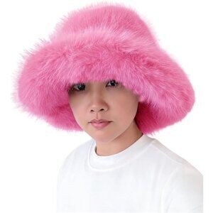 Oversized Winter Faux Fur Bucket Hat for Women Hot Pink